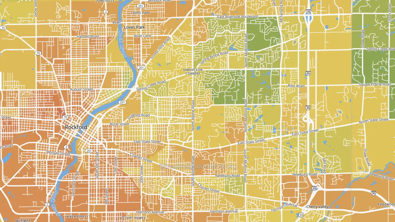 Map of the best neighborhoods in the 61107 area, with better matches in green and worse matches in red