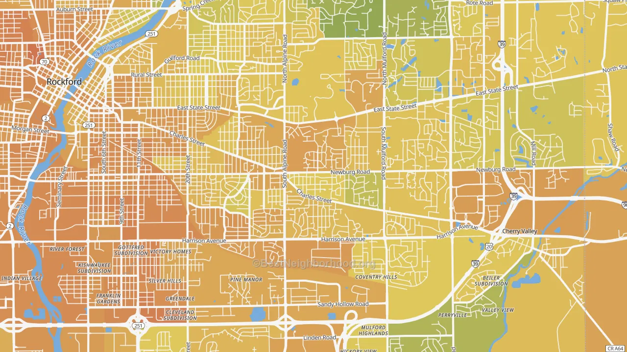 Map of the best neighborhoods in the 61108 area, with better matches in green and worse matches in red