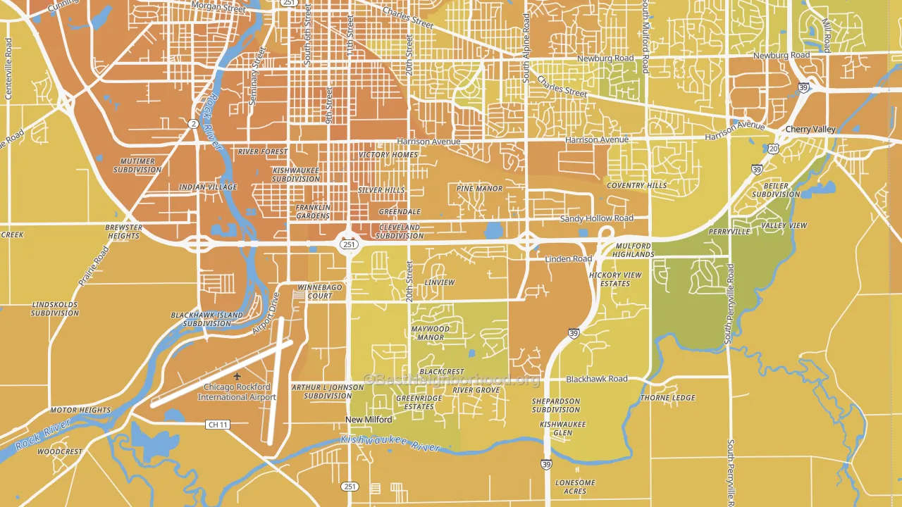 Map of the best neighborhoods in the 61109 area, with better matches in green and worse matches in red