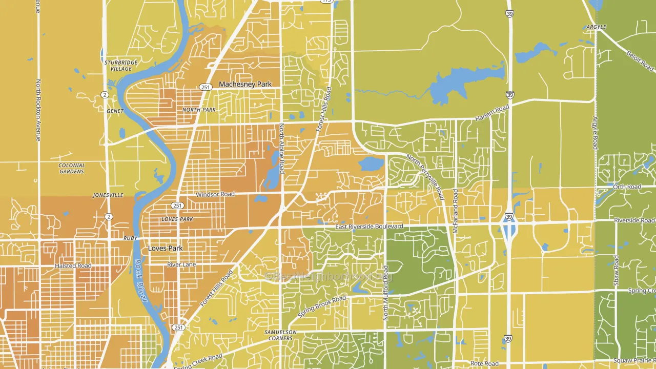 Map of the best neighborhoods in the 61111 area, with better matches in green and worse matches in red