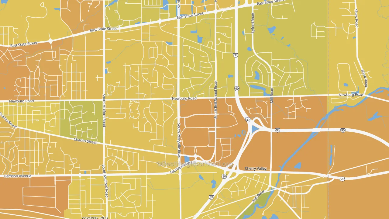 Map of the best neighborhoods in the 61112 area, with better matches in green and worse matches in red