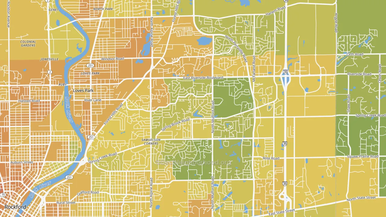 Map of the best neighborhoods in the 61114 area, with better matches in green and worse matches in red