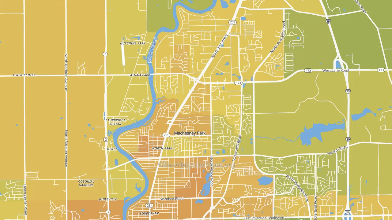 Map of the best neighborhoods in the 61115 area, with better matches in green and worse matches in red