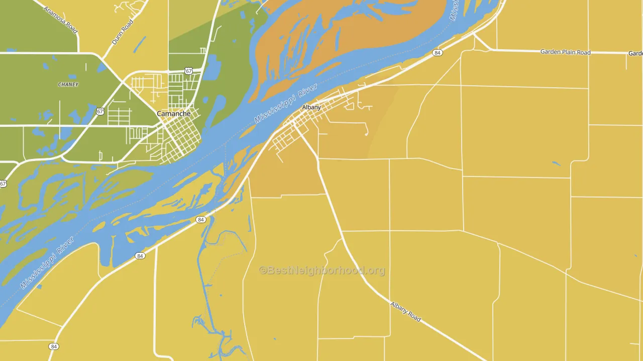 Map of the best neighborhoods in the 61230 area, with better matches in green and worse matches in red