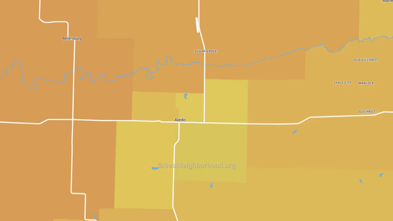 Map of the best neighborhoods in the 61231 area, with better matches in green and worse matches in red