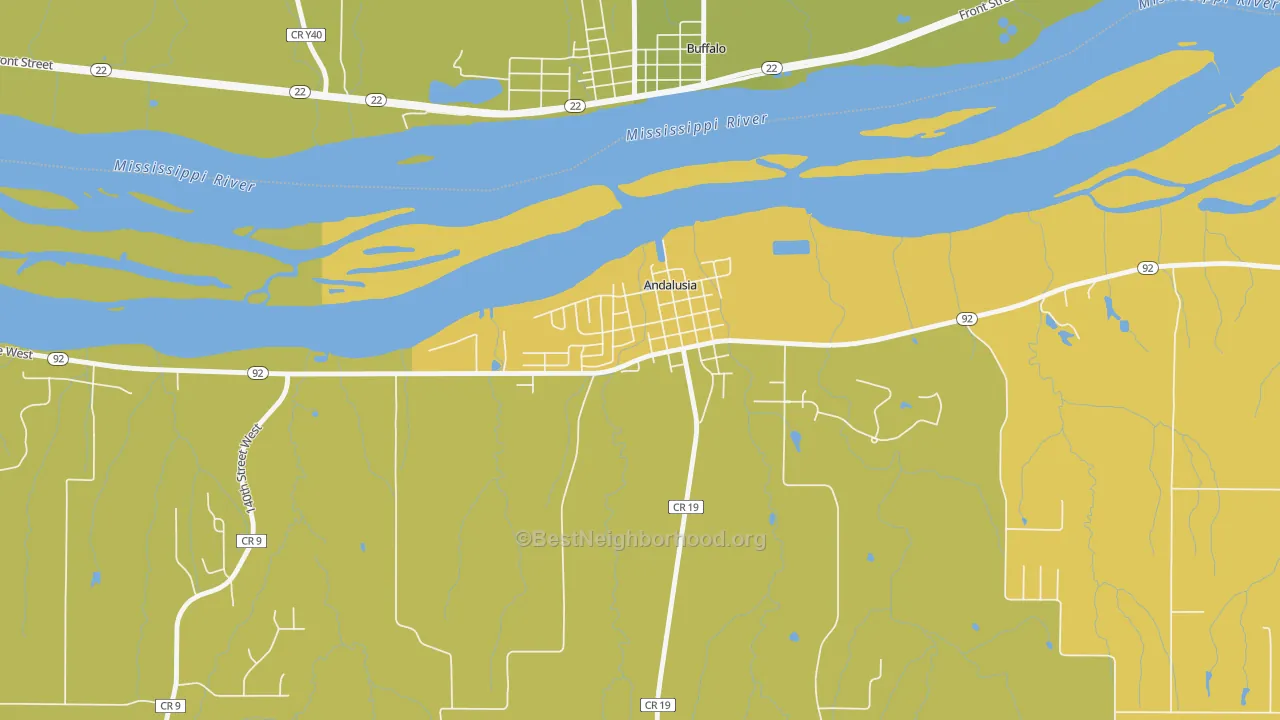 Map of the best neighborhoods in the 61232 area, with better matches in green and worse matches in red