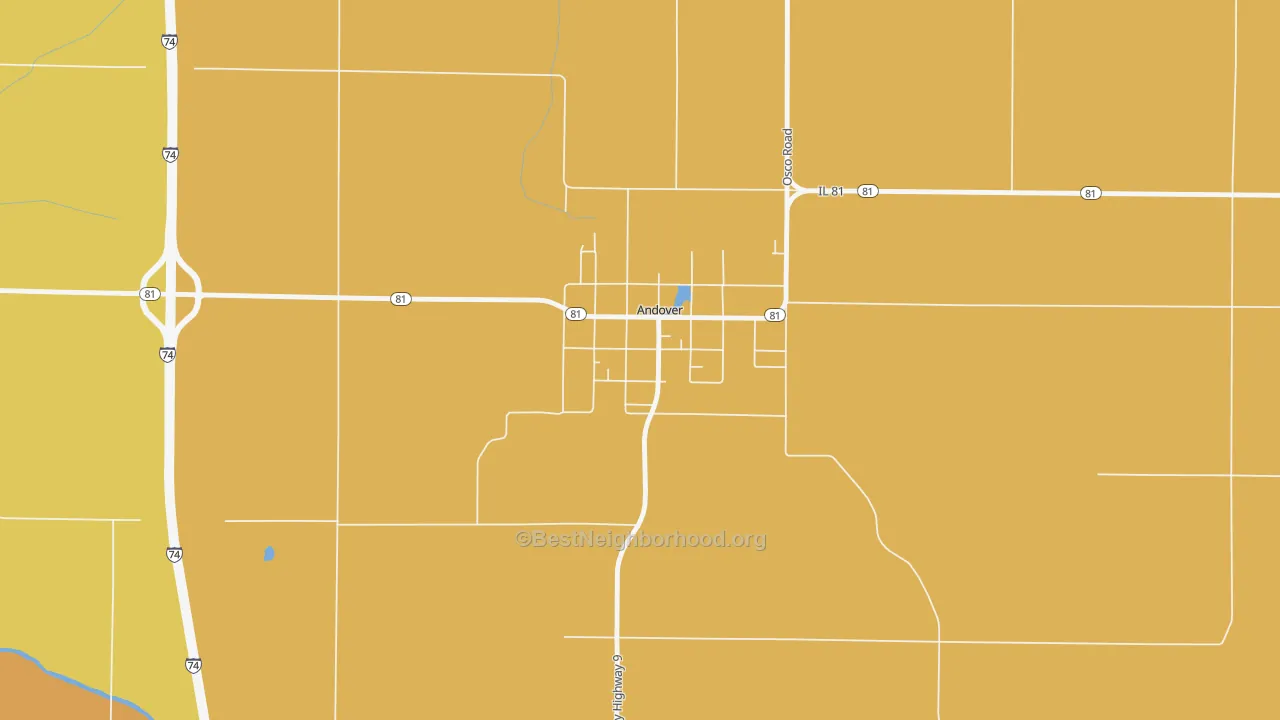 Map of the best neighborhoods in the 61233 area, with better matches in green and worse matches in red