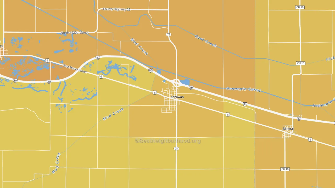 Map of the best neighborhoods in the 61234 area, with better matches in green and worse matches in red