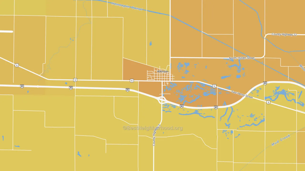 Map of the best neighborhoods in the 61235 area, with better matches in green and worse matches in red