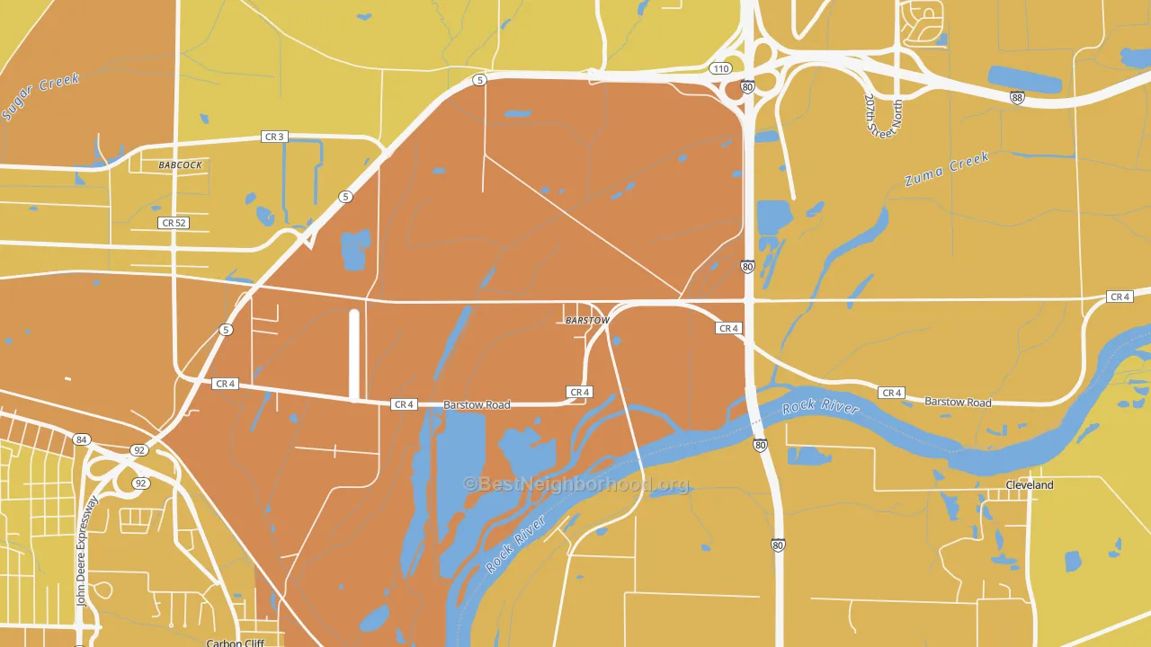 Map of the best neighborhoods in the 61236 area, with better matches in green and worse matches in red