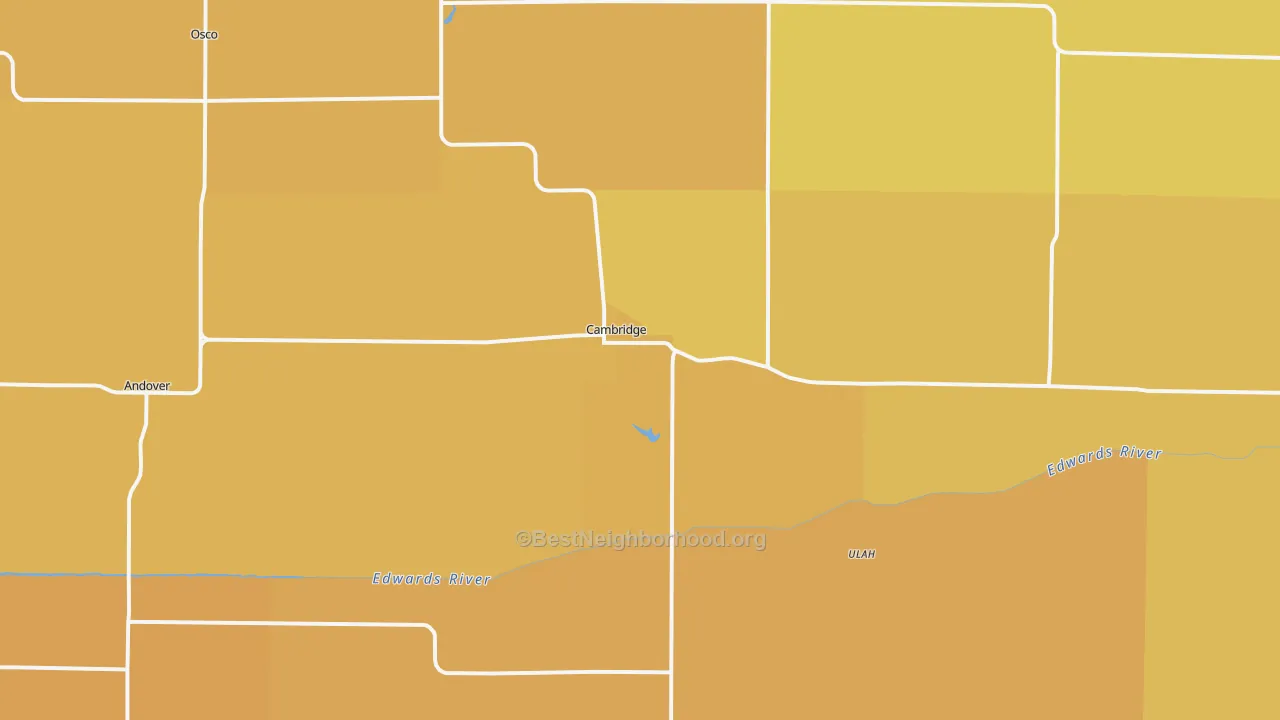 Map of the best neighborhoods in the 61238 area, with better matches in green and worse matches in red