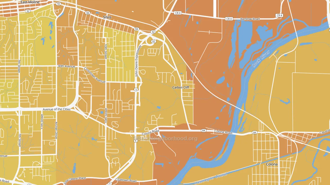Map of the best neighborhoods in the 61239 area, with better matches in green and worse matches in red