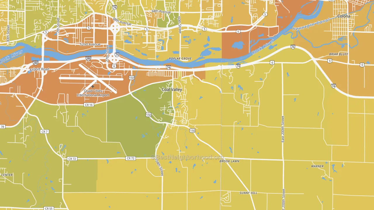 Map of the best neighborhoods in the 61240 area, with better matches in green and worse matches in red