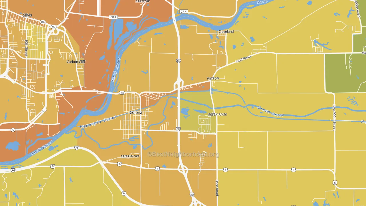 Map of the best neighborhoods in the 61241 area, with better matches in green and worse matches in red