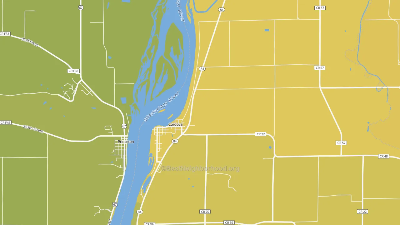 Map of the best neighborhoods in the 61242 area, with better matches in green and worse matches in red