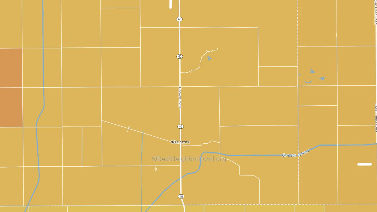 Map of the best neighborhoods in the 61243 area, with better matches in green and worse matches in red