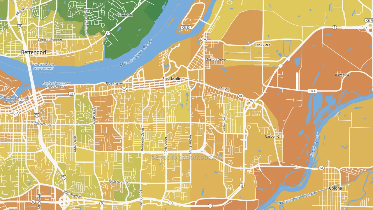 Map of the best neighborhoods in the 61244 area, with better matches in green and worse matches in red