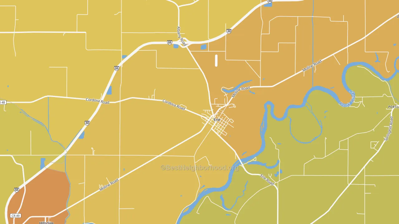 Map of the best neighborhoods in the 61250 area, with better matches in green and worse matches in red