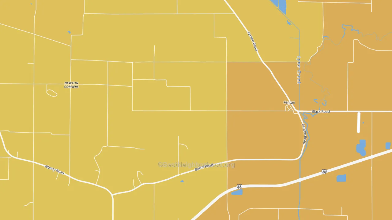 Map of the best neighborhoods in the 61251 area, with better matches in green and worse matches in red