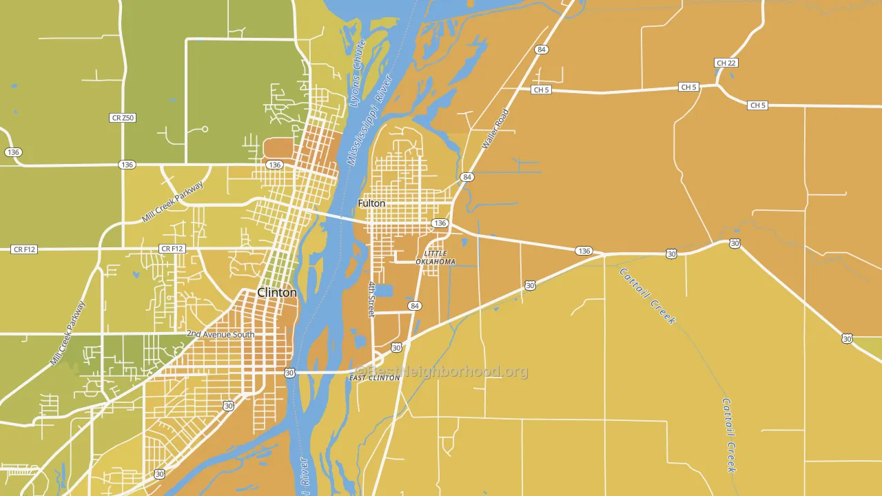 Map of the best neighborhoods in the 61252 area, with better matches in green and worse matches in red