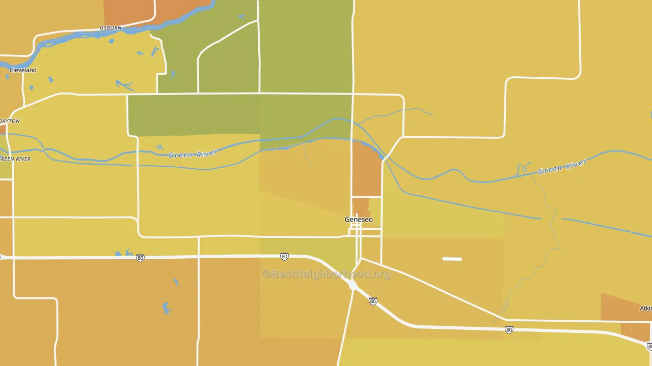 Map of the best neighborhoods in the 61254 area, with better matches in green and worse matches in red