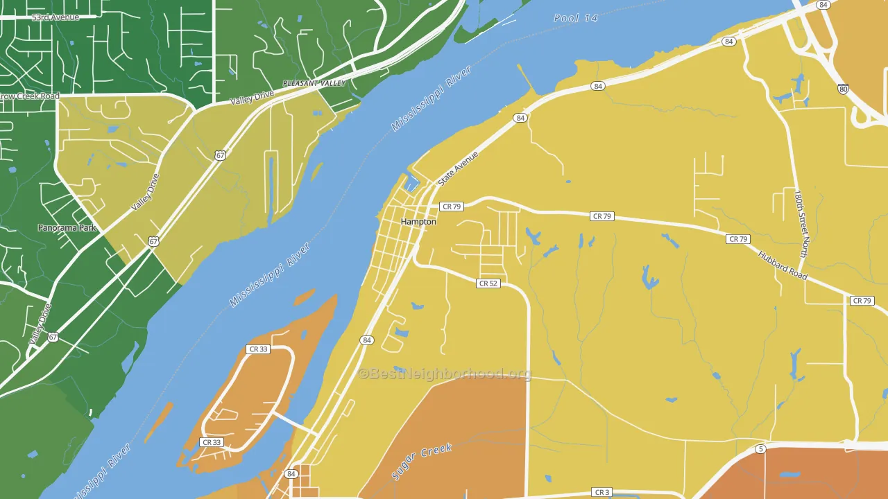 Map of the best neighborhoods in the 61256 area, with better matches in green and worse matches in red