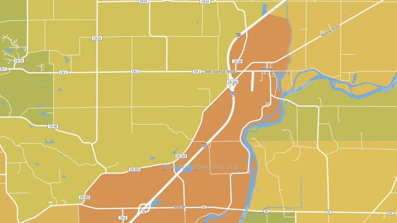 Map of the best neighborhoods in the 61257 area, with better matches in green and worse matches in red