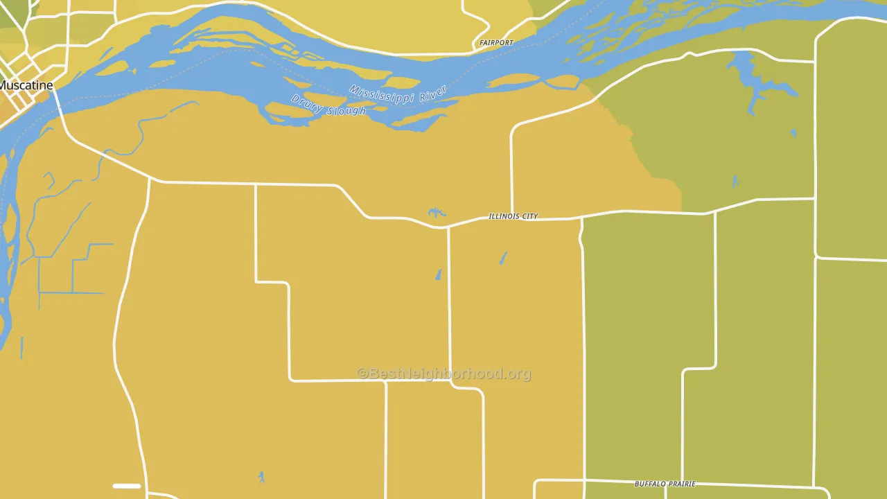 Map of the best neighborhoods in the 61259 area, with better matches in green and worse matches in red