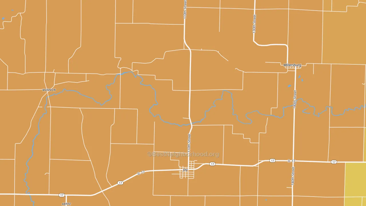 Map of the best neighborhoods in the 61260 area, with better matches in green and worse matches in red