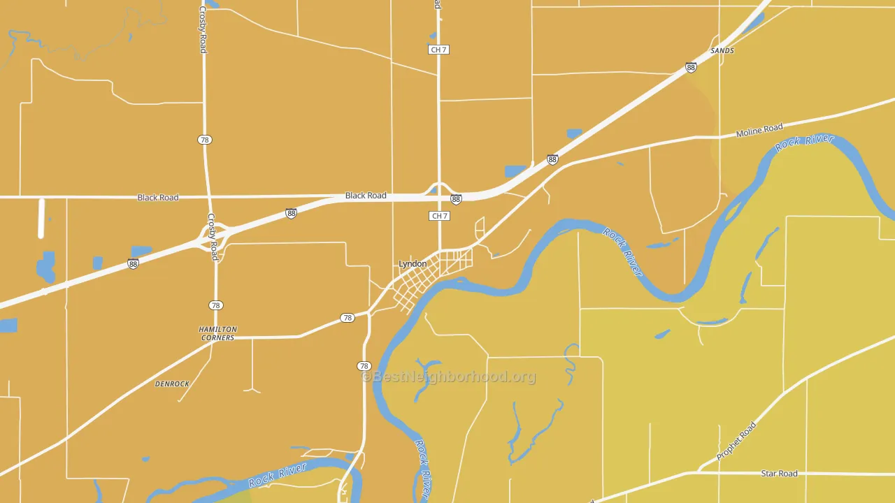 Map of the best neighborhoods in the 61261 area, with better matches in green and worse matches in red