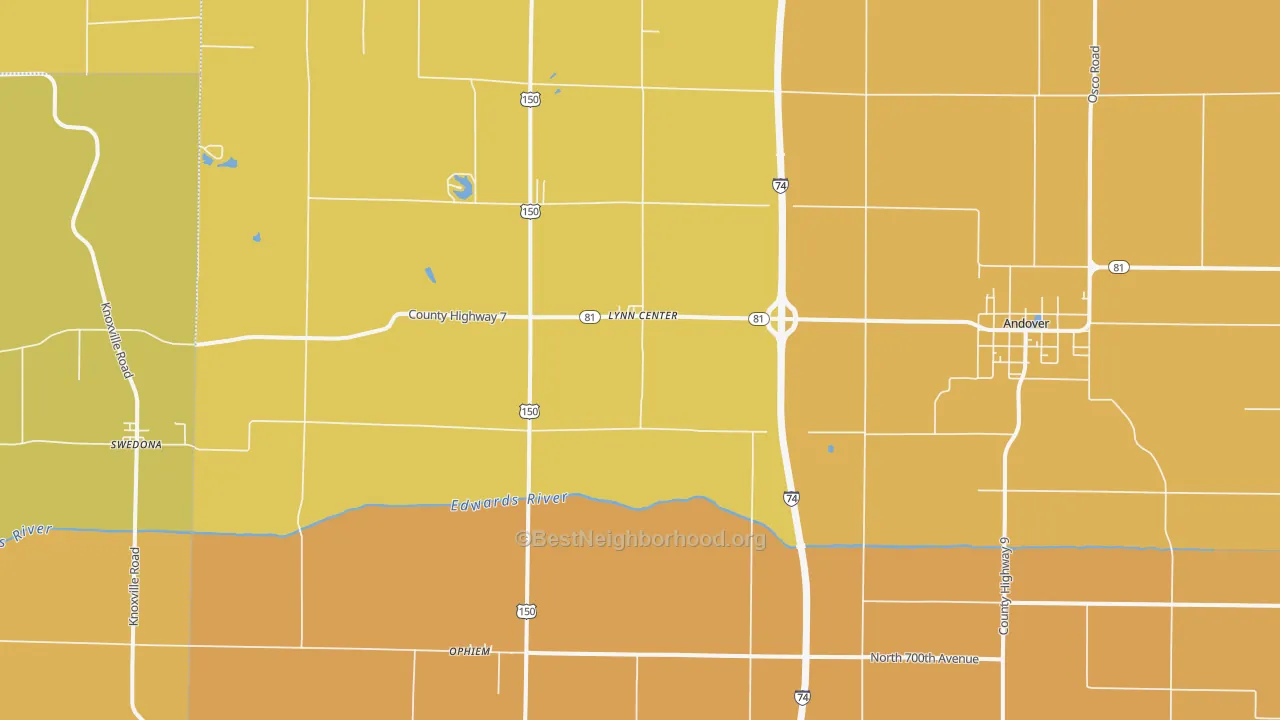 Map of the best neighborhoods in the 61262 area, with better matches in green and worse matches in red
