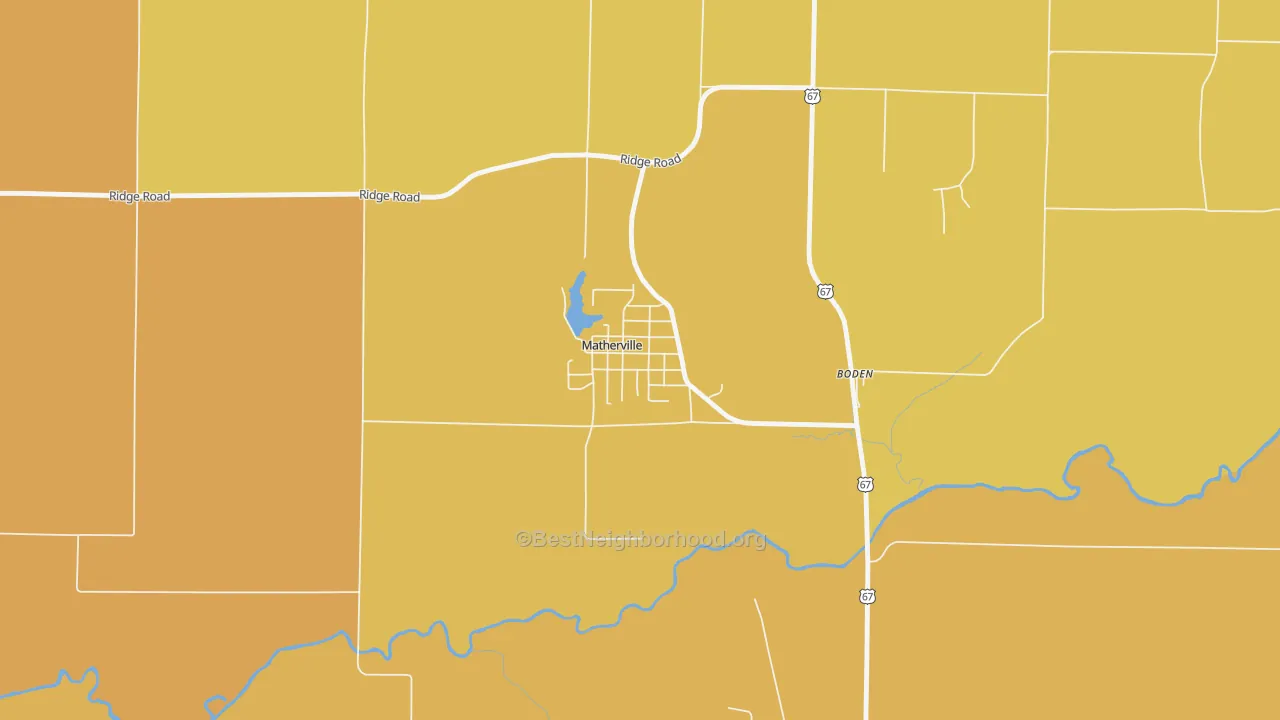 Map of the best neighborhoods in the 61263 area, with better matches in green and worse matches in red