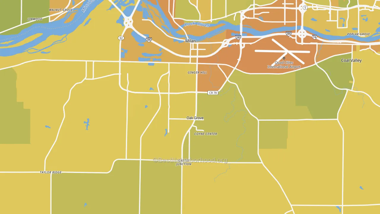 Map of the best neighborhoods in the 61264 area, with better matches in green and worse matches in red