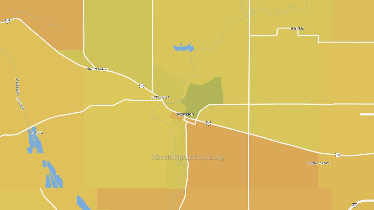 Map of the best neighborhoods in the 61270 area, with better matches in green and worse matches in red