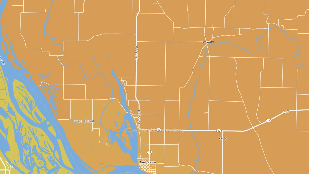Map of the best neighborhoods in the 61272 area, with better matches in green and worse matches in red