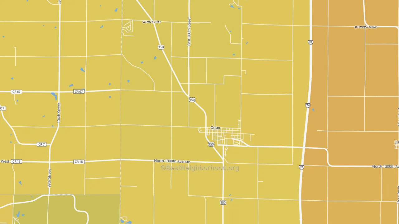 Map of the best neighborhoods in the 61273 area, with better matches in green and worse matches in red