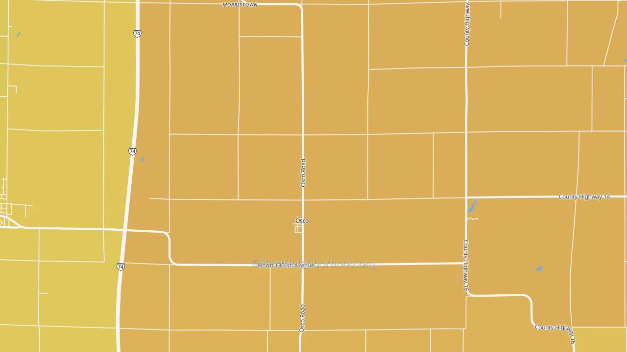 Map of the best neighborhoods in the 61274 area, with better matches in green and worse matches in red