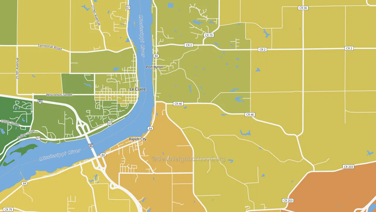 Map of the best neighborhoods in the 61275 area, with better matches in green and worse matches in red