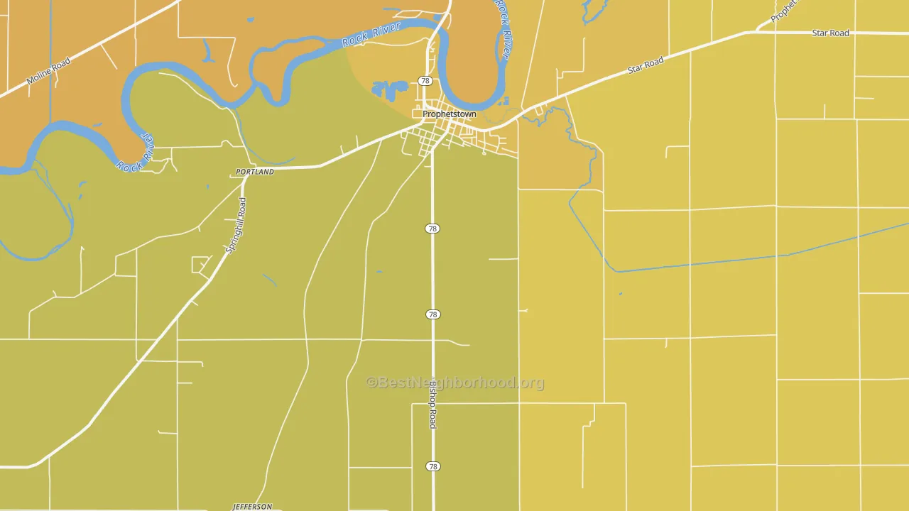 Map of the best neighborhoods in the 61277 area, with better matches in green and worse matches in red