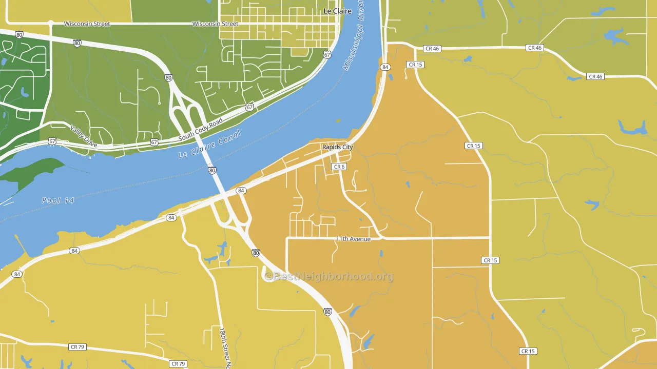 Map of the best neighborhoods in the 61278 area, with better matches in green and worse matches in red