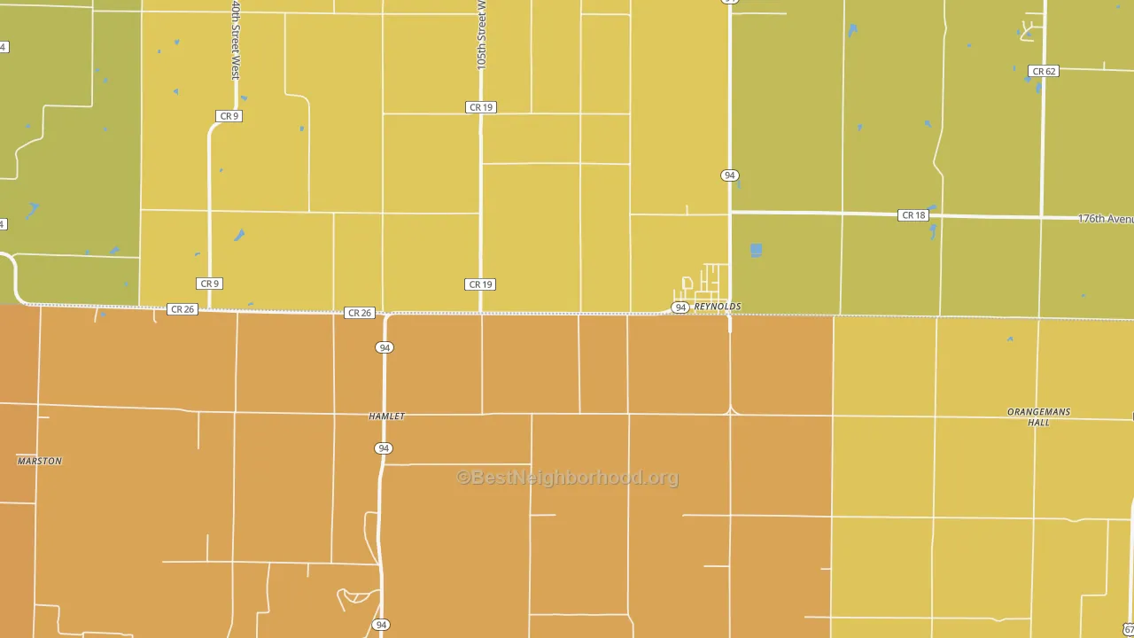 Map of the best neighborhoods in the 61279 area, with better matches in green and worse matches in red