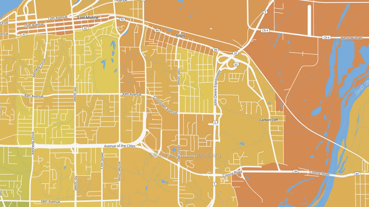 Map of the best neighborhoods in the 61282 area, with better matches in green and worse matches in red