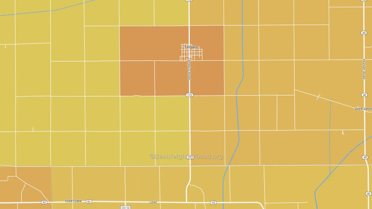 Map of the best neighborhoods in the 61283 area, with better matches in green and worse matches in red
