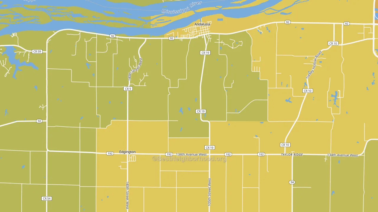 Map of the best neighborhoods in the 61284 area, with better matches in green and worse matches in red