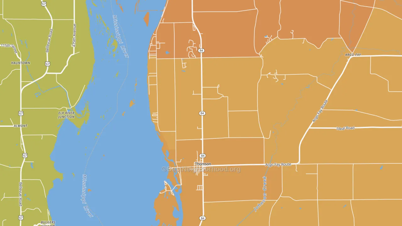 Map of the best neighborhoods in the 61285 area, with better matches in green and worse matches in red