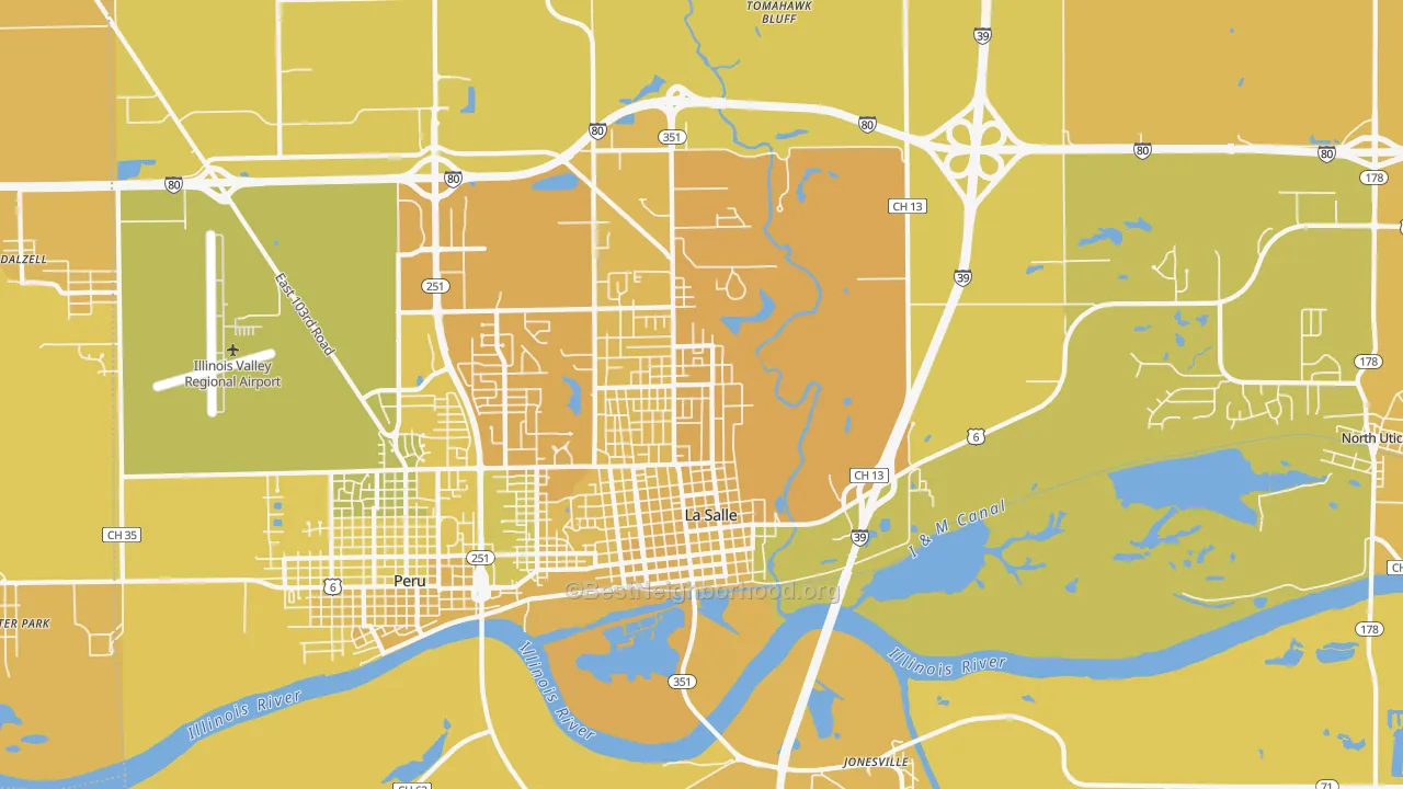 Map of the best neighborhoods in the 61301 area, with better matches in green and worse matches in red