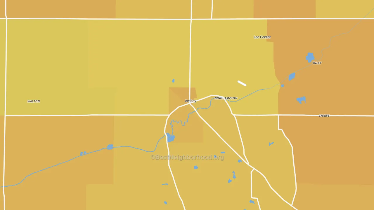 Map of the best neighborhoods in the 61310 area, with better matches in green and worse matches in red