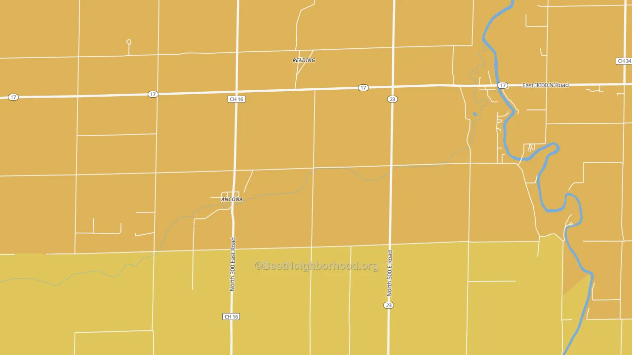 Map of the best neighborhoods in the 61311 area, with better matches in green and worse matches in red