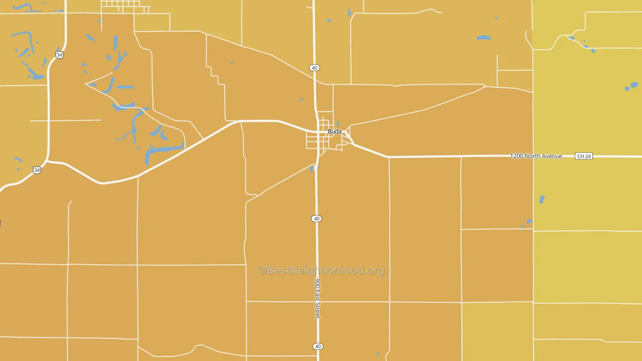 Map of the best neighborhoods in the 61314 area, with better matches in green and worse matches in red