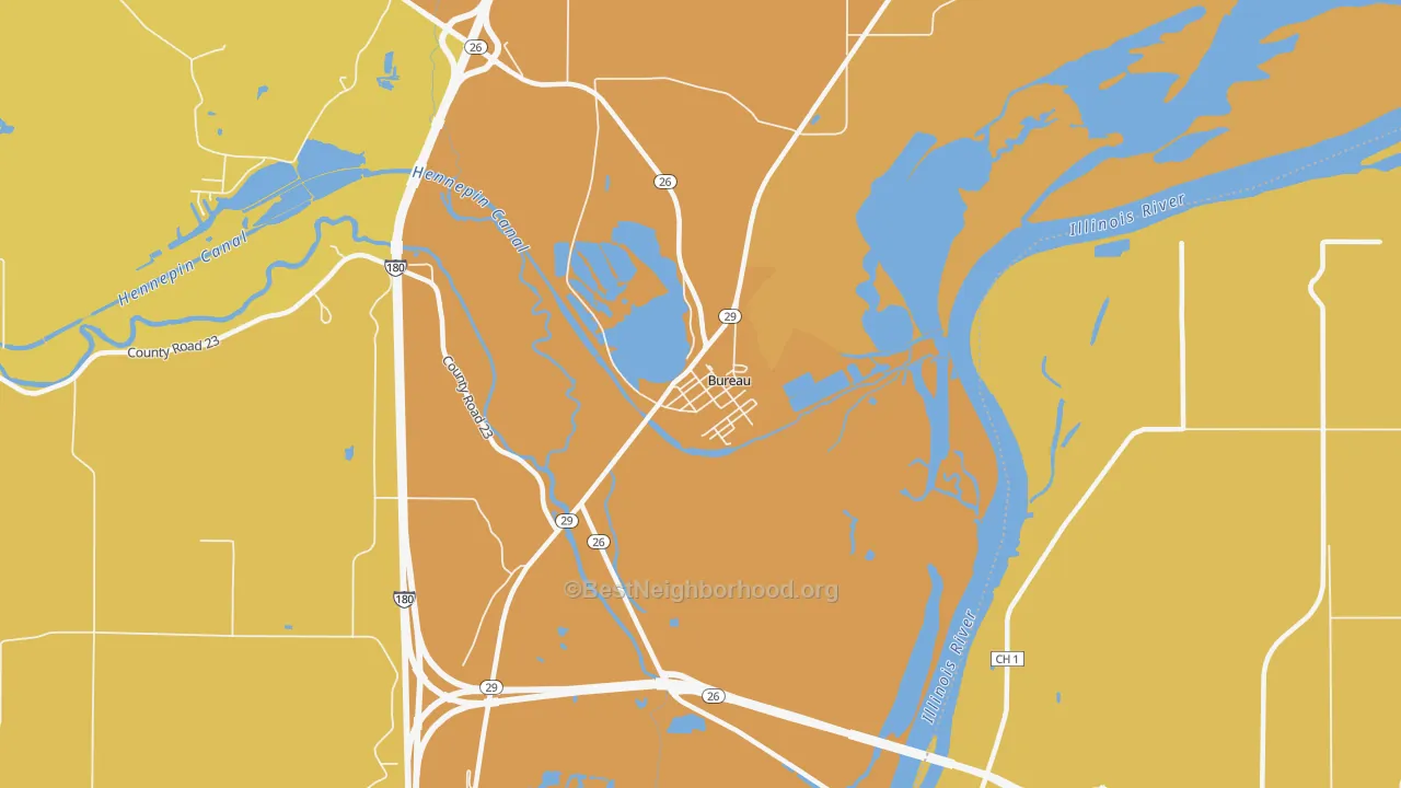 Map of the best neighborhoods in the 61315 area, with better matches in green and worse matches in red